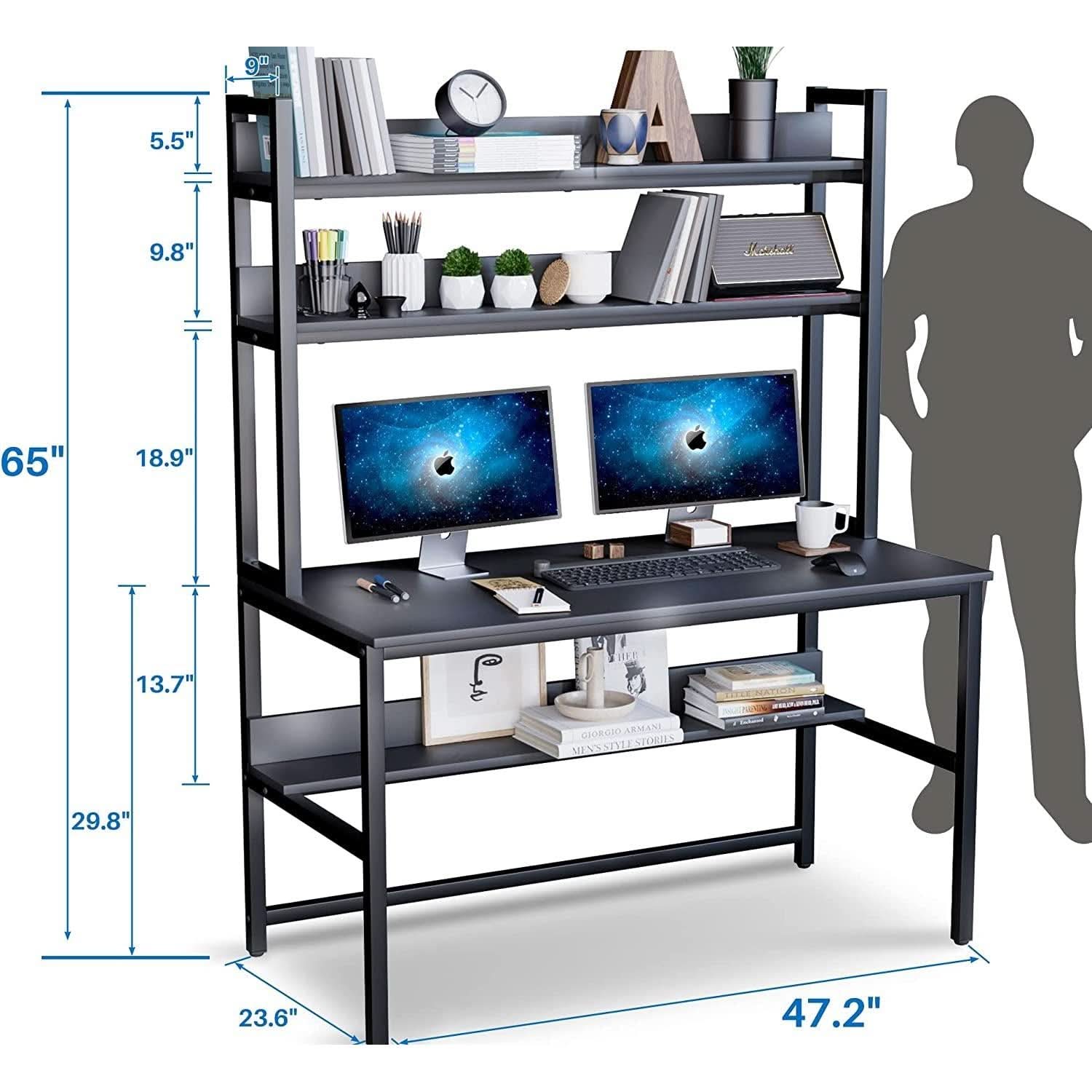 Black Computer Desk With Hutch And Bookshelf Extra Large Desktop-4