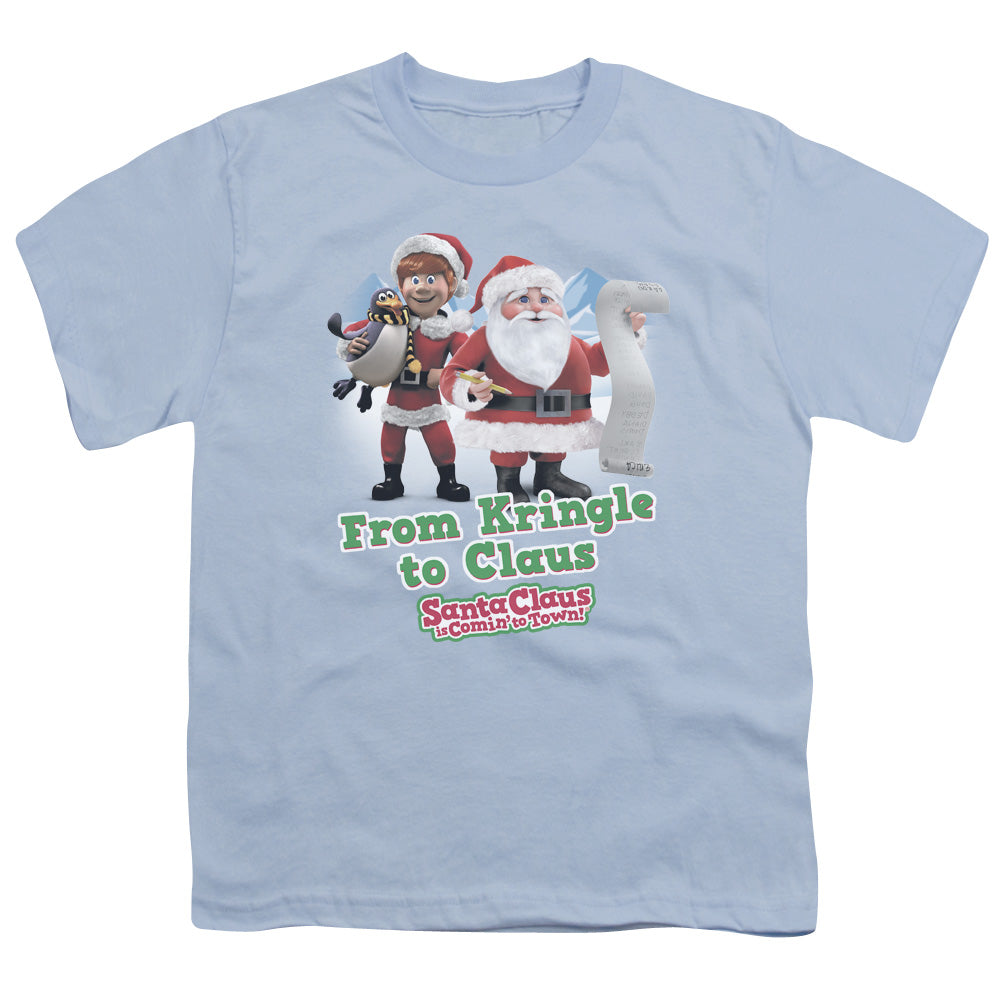 Santa Claus is Comin to Town Kringle to Claus Kids Youth T Shirt Light Blue Officially Licensed
