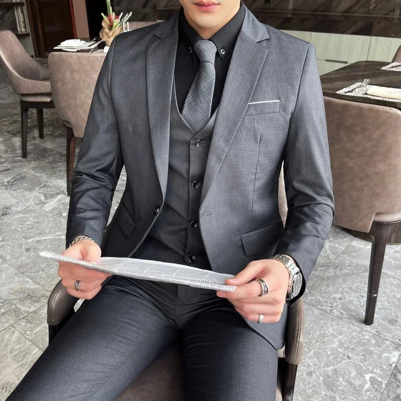 Mens Formal Suit Set Blazer Vest Pants (Gray)-1