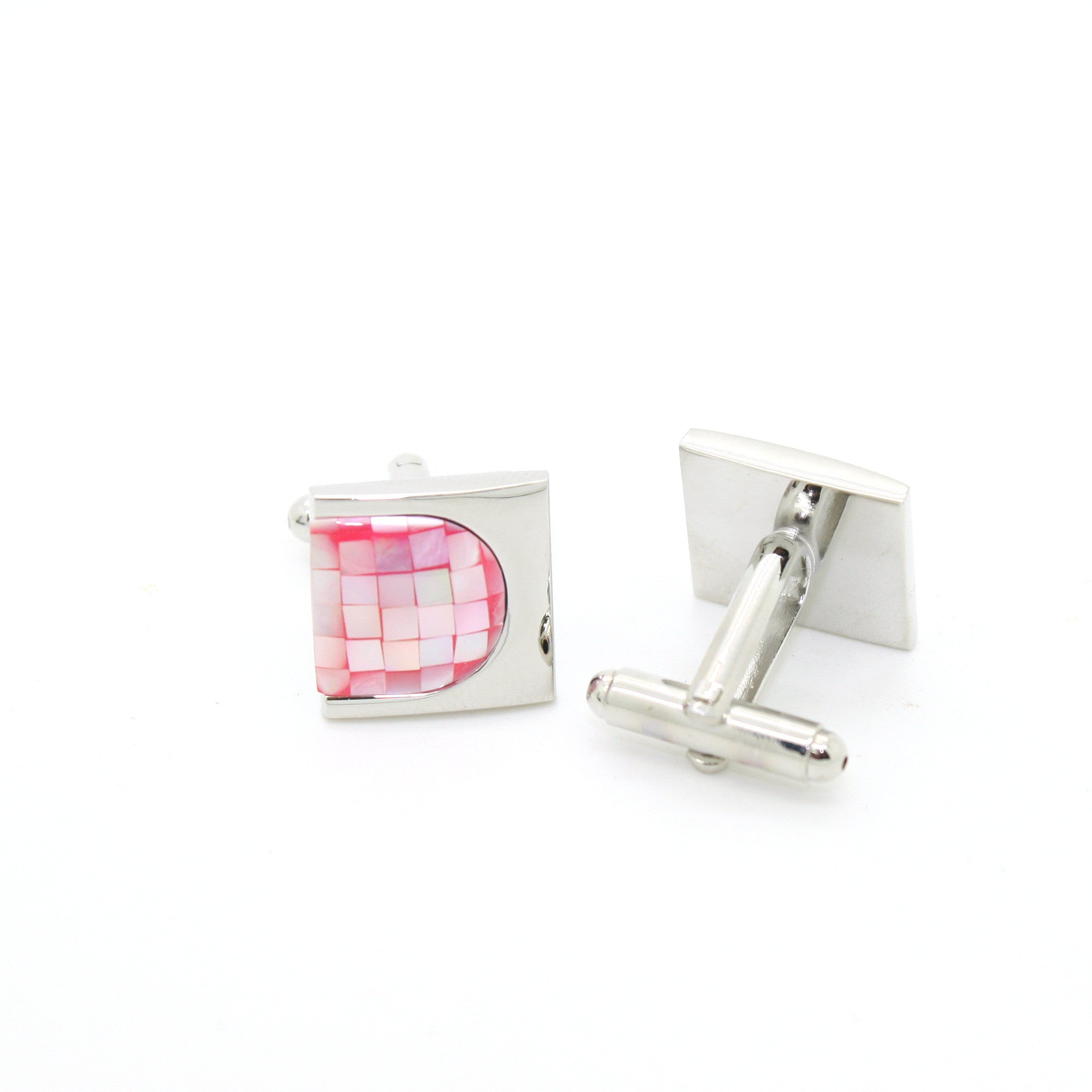 Silvertone U Pink Shell Cuff Links With Jewelry Box-0