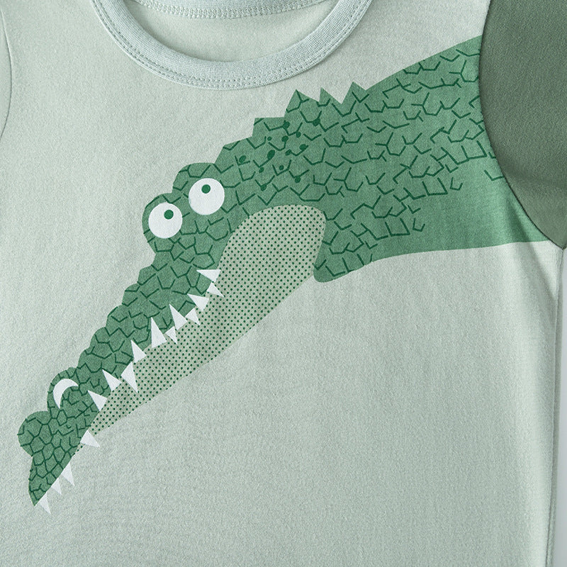 Summer Hot Selling Baby Kids Boys Short Sleeves Cartoon Pattern T-shirt and Plain Shorts Clothing Set-1