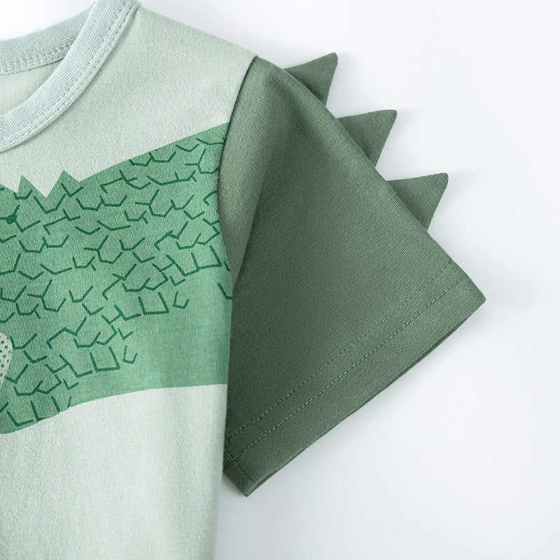 Summer Hot Selling Baby Kids Boys Short Sleeves Cartoon Pattern T-shirt and Plain Shorts Clothing Set-2