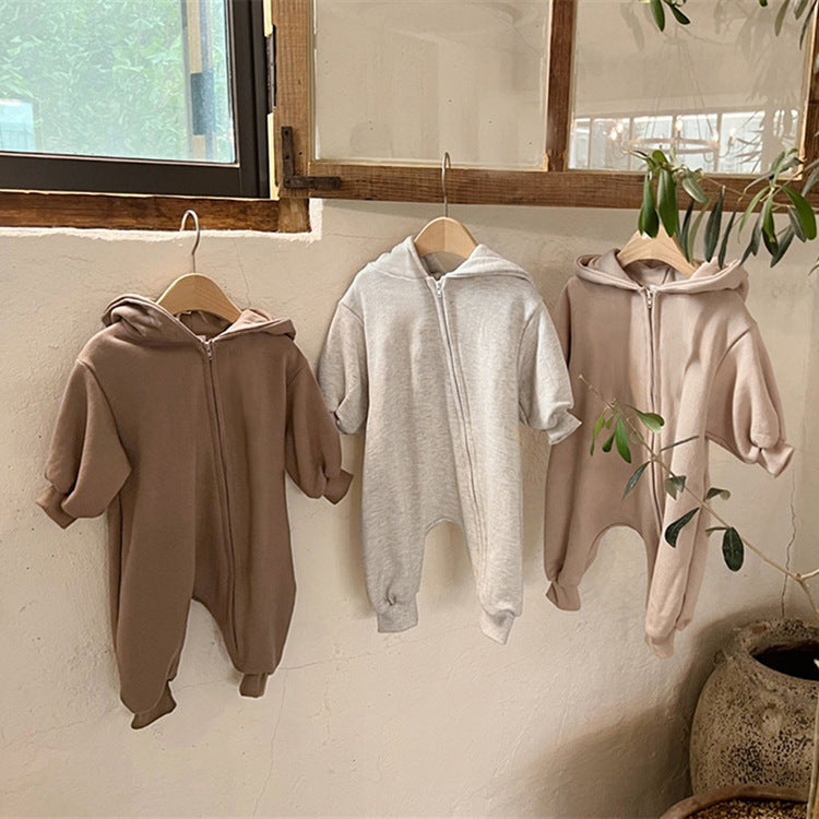 Arrival Winter and Autumn Baby Unisex Solid Color Long Sleeves Zip-up Hooded Rompers-0